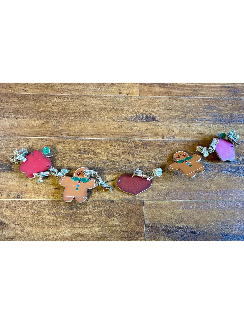 Handcrafted Wooden Holiday Garland with Apple, Gingerbread, and Heart Shapes